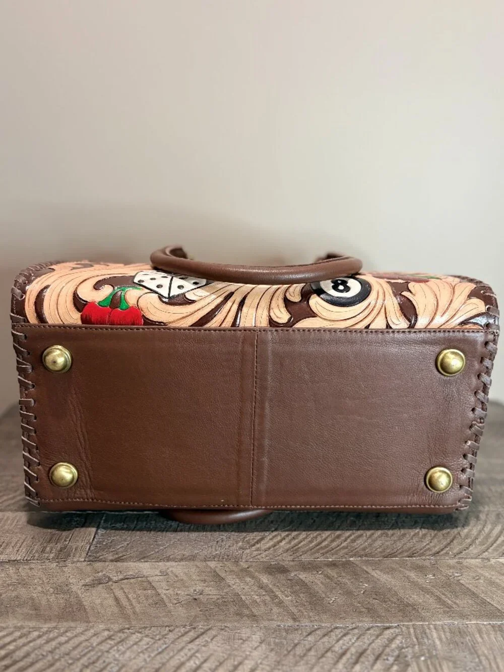 Hand Painted Tooled Leather Satchel Western Lucky You Barrel Bag Large Brown